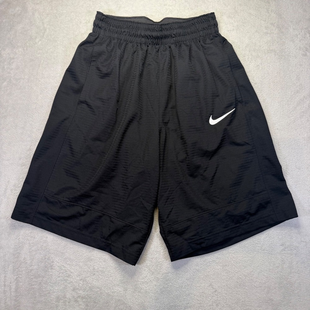 Nike Mens Black Textured Stripe Basketball Shorts Elastic Waist Swoosh Logo